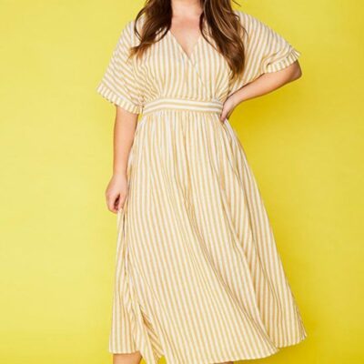 Dresses Lorraine Designs  | Angie Mustard Stripe Wrap Dress